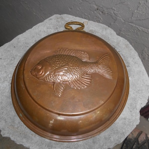 May include: A copper fish-shaped mold with a detailed embossed design. The round mold features a prominent fish in the center, with fins and scales. A small, brass-colored handle is attached at the top. The mold is likely used for baking or decorative purposes.