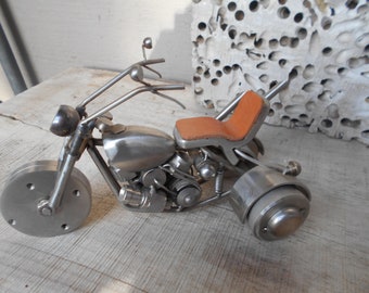 Unique Steampunk Metal Art Motorcycle Trike Stainless Steel Hand made artist signed initialed HC Harry Castro 8" L by 5 " W by 5" T