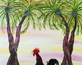 Hahn kräht im Sonnenaufgang