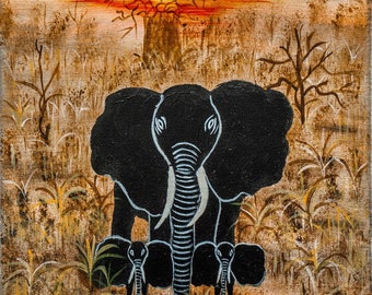 May include: A painting of three elephants in a savanna setting. The elephants are black with white stripes on their trunks. The background is a sunset with a large tree in the distance.