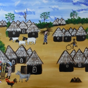 West African village scene, acrylic painting on canvas
