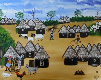 Acrylmalerei auf Leinwand, Dorfszene aus Afrika
