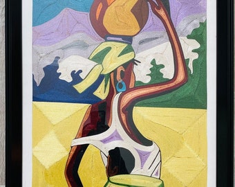 Frau mit Baby auf dem Rücken und einer Kanne auf dem Kopf