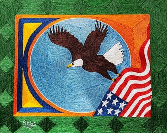 Weißkopfseeadler unter der Flagge fliegend