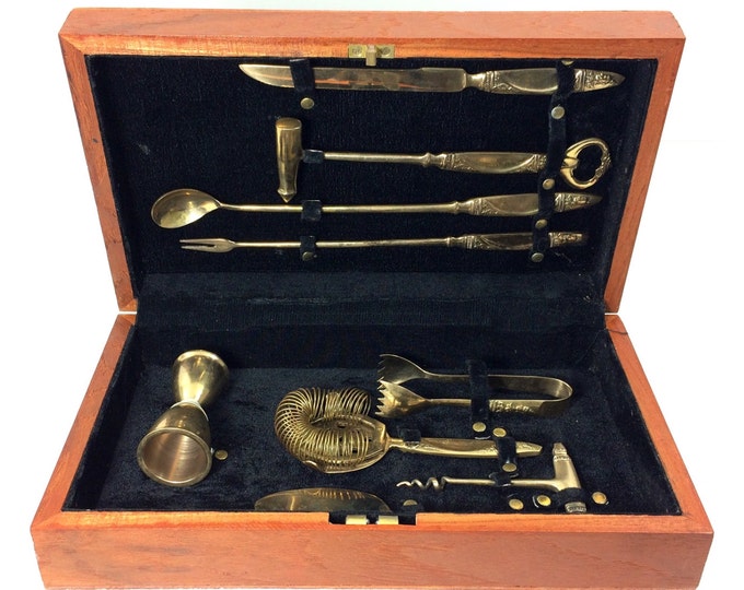 Vintage Brass Bar Tool Set in Wooden Case With Diety Design Etsy