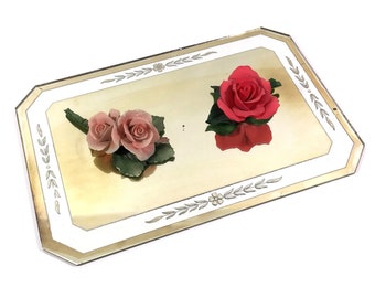 Vintage 1940s Vanity Mirror Tray with Art Deco Styling, Beveled Edges and Gold Tint, Large 18" Shabby Chic Bedroom or Bathroom Decor