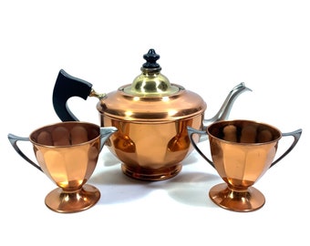 Vintage 1920s Copper Teapot Set by Manning Bowman, Sugar Bowl & Creamer, Rustic Kitchen Decor, Antique Art Deco Copper Kettle