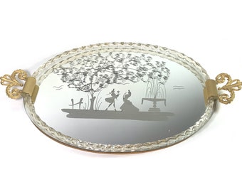Vintage Murano Style Vanity Mirror Tray, Silhouette Design, Made in Italy