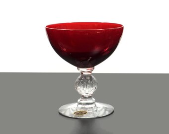 Vintage 1930s Champagne Coupe Glass in Ruby Red "Aurora" Design by Cambridge, Antique Cocktail Glass with Original Label, 12 in STOCK!