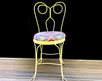 Vintage 1930s Ice Cream Chair with Twisted Legs and Spectacle Back in Lemon Yellow with Paisley Seat, Ice Cream Parlor Decor == 1 LEFT!!