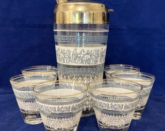 Vintage 1960s Cocktail Shaker Set: Greek Chariot Design Barware