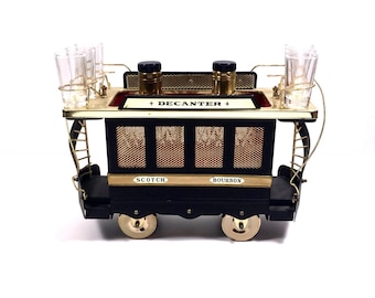 Vintage Trolley Decanter Bar Set with Musical Cable Car Holder
