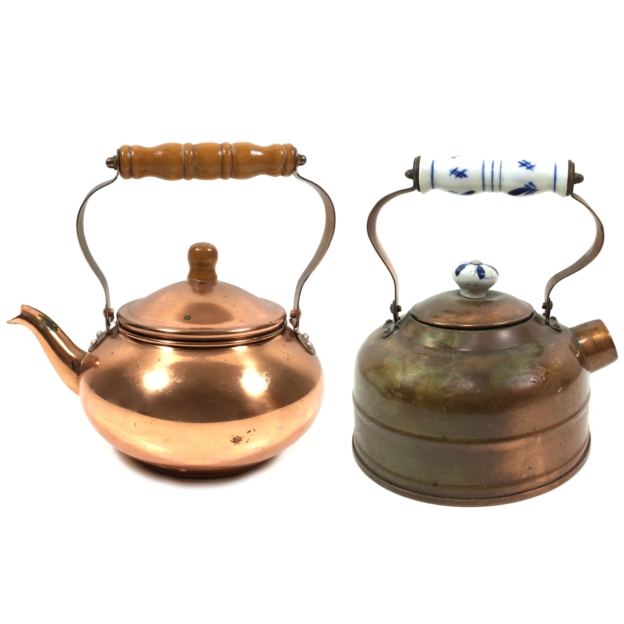 Vintage Copper Stovetop Tea Kettle Delft Blue Porcelain Handle & Lid