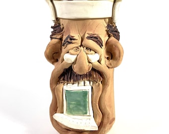 1980s Computer Mug: Funny Mustache Face, Vintage Beer Stein