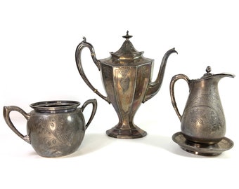 Antique Silver Syrup Jug, Teapot by Reed and Barton, Sugar Bowl, Vintage Kitchen Decor Display Prop from 1800s