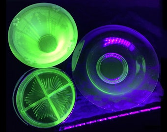 Vintage Uranium Glass Bowl, Divided Dish, Centerpiece or Fruit Bowl for Home Decor, Antique EAPG Pattern Glass -- THREE in STOCK!