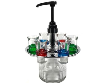 1950s Decanter Set with Shot Glasses: Mid Century Chrome Liquor Dispenser