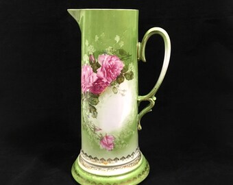 Antique Floral Pitcher: 1800s Pink & Green Tankard by Moritz Zdekauer of Austria