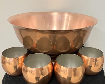 Vintage 1970s Punch Bowl Set with Large Copper Bowl and 4 Roly Poly Cups