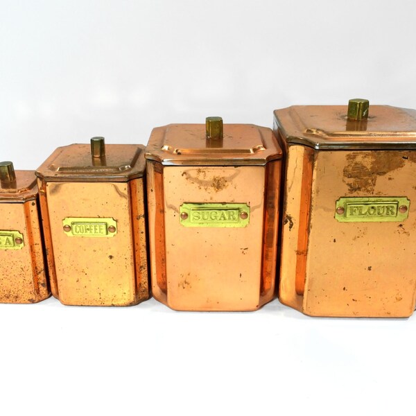 Set of 4 Vintage Copper Canisters with Brass Labels and Knobs, Made in Korea, Coffee ~ Tea ~ Sugar ~ Flour