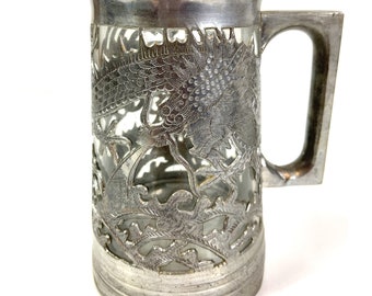 Pewter Dragon Stein with Glass Bottom, Asian Huikee Mug, Vintage Bar Decor