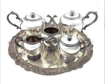 Vintage 1950s Silver Tea Set with Teapot, Coffee Pot, Sugar, Creamer, Waste Bowl or Serving Tray by Reed and Barton