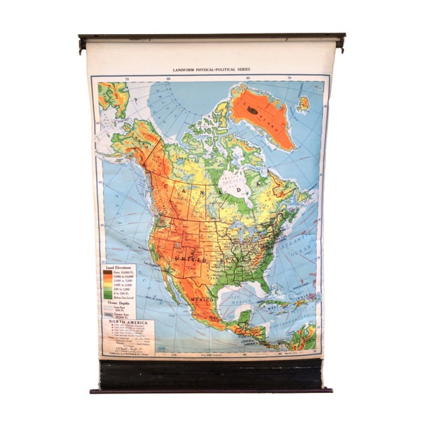 Vintage 1940 "North America" School Wall Map by Nystrom, Retractable Pull Down Classroom Chart