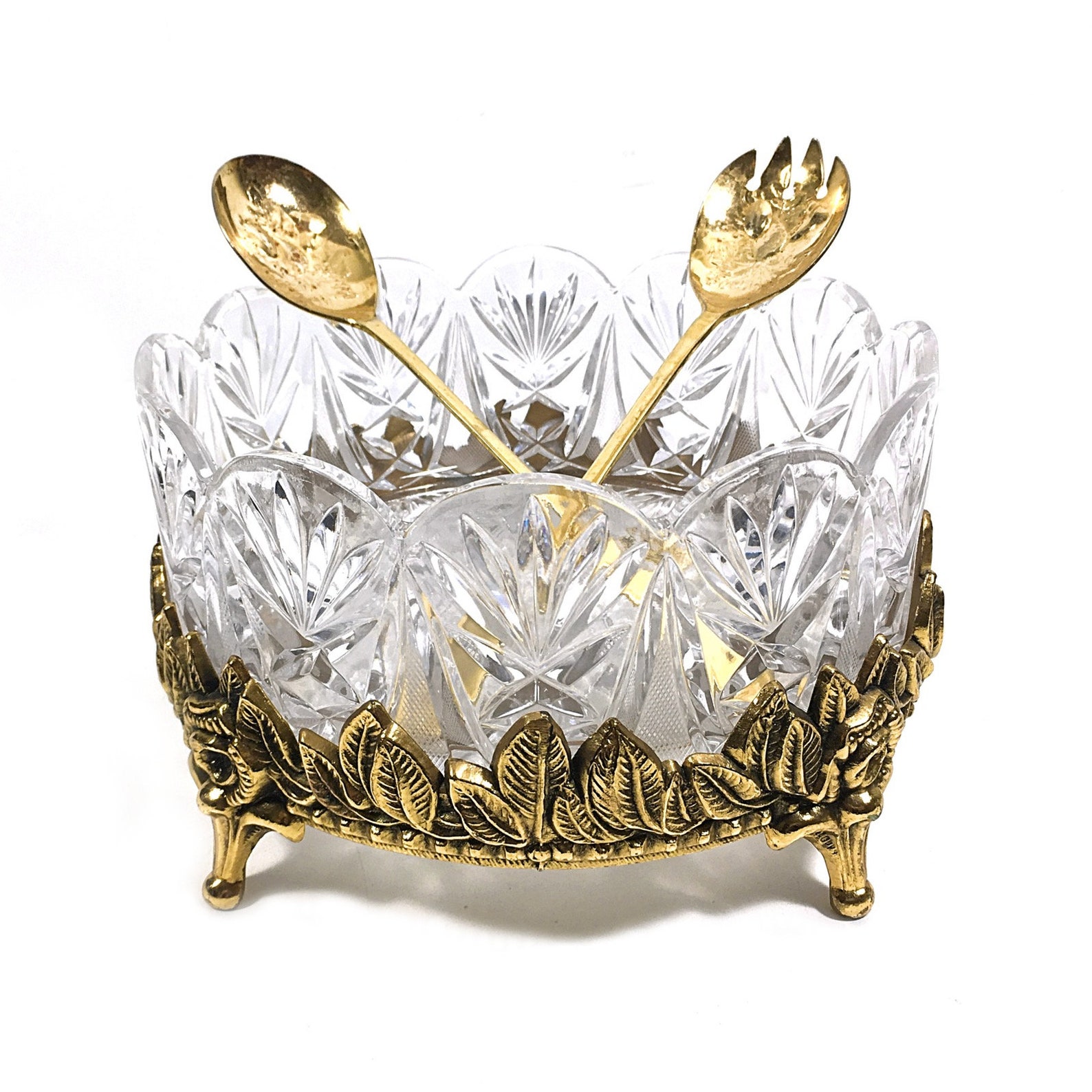 Lead Crystal Salad Bowl with Gold Stand & Serving Utensils Etsy