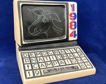 1980s Vintage Decanter with Computer Styling and Democratic Mascot, Retro Man Cave Bar Decor