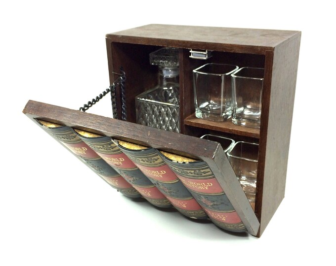 Vintage hidden Decanter Bar Set With Wooden Book Holder, Clear Diamond
