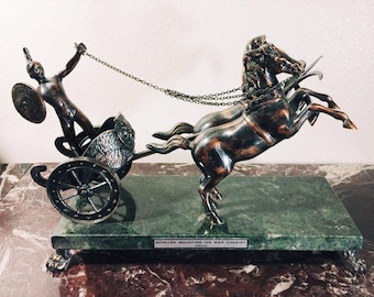 Vintage Achilles War Chariot Sculpture: Bronzed Metal on Marble