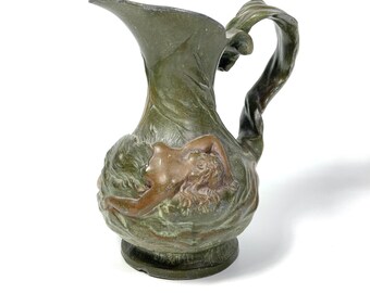 Vintage 1920s Art Nouveau Jug with Nude Woman, After Charles Perron by Fabrication Francaise, Antique Cast Metal Pitcher
