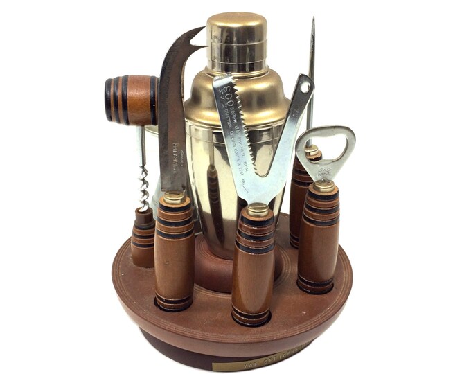 Vintage Bar Tool Set With Cocktail Shaker in Lazy Susan Rotating