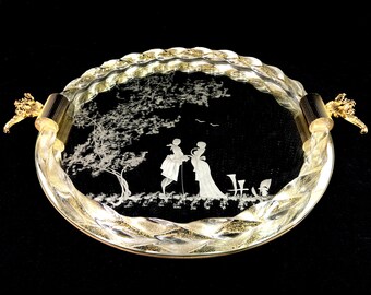 Vintage Murano Style Vanity Mirror: Frosted Silhouette Design, 14" Tabletop Decor