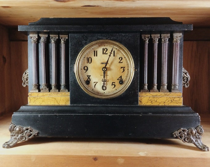 Antique Ingraham Black Mantel Clock With Pillars, Marble Adamantine, 16