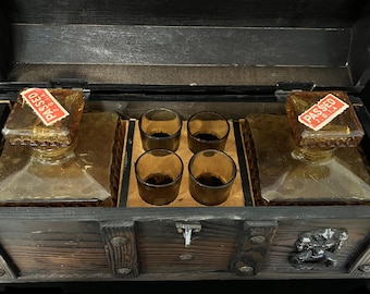 Vintage 1970s Pirate Bar Set: Treasure Chest Decanters & Shot Glasses