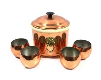 Vintage Coppercraft Guild Bar Set: Lion's Head Ice Bucket & Copper Roly Poly Cups