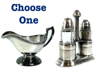 Vintage Hotel Silver Shaker Set in Caddy OR Gravy Boat by Reed and Barton, Restaurant Silver Solder Salt & Pepper, Shabby Chic Kitchen Decor