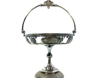Antique Bridal Basket with Handle in Cherub Design, Victorian Silver Centerpiece, Grannycore Wedding Decor