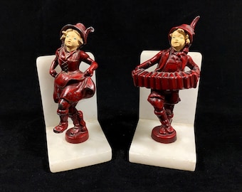 1930s Bookend with Dancing Girl OR Boy Playing Accordion, Antique Marble Bookends with Children