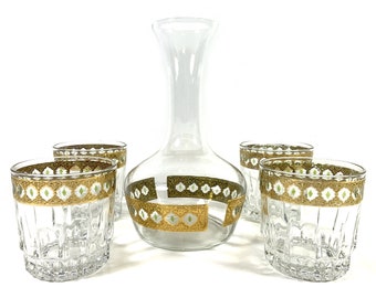 Vintage 1970s Culver Valencia Decanter OR Whiskey Glass, Retro Barware Set with Moroccan Gold Design, Retro Bar Decor