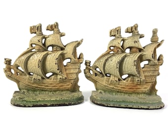 Vintage Pirate Ship Bookends: 1920s Cast Metal Polychrome Decor