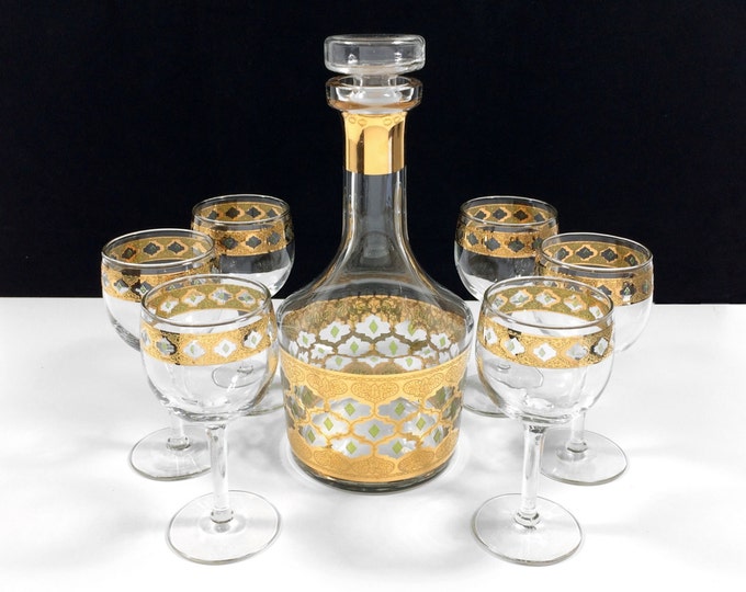 Vintage Culver Valencia Liquor Decanter Set With 6 Wine Glasses Etsy