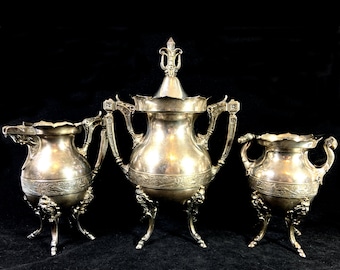 Vintage 1800s Silver Tea Set with Aesthetic Movement Design by Wilcox Silver, Antique Teapot, Creamer, Sugar Bowl, Grannycore Tabletop Decor