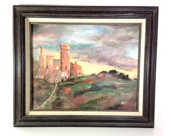 Vintage Castle Landscape Painting: Framed Original Canvas Art, 1992
