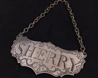 Vintage 1970s Sherry Decanter Tag by Stieff Pewter, Retro Liquor Label, Man Cave Bar Decor == FIVE in STOCK!!