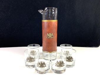 Vintage 1970s Martini Pitcher Set: Leather Wrap, Shield Design Bar Decor