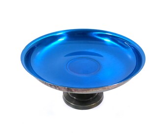 Vintage Oneida Silver Candy Dish, Blue Enamel Bowl, Mid Century Decor