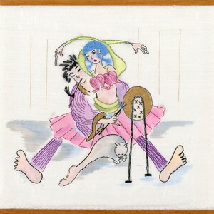 May include: A colorful embroidered artwork depicting three figures, two women and a man, with a cat in the foreground. The women are wearing pink and purple dresses, while the man is wearing a purple robe. The artwork is set against a white background.