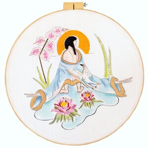 wall hanging, silk art, silk embroidery, embroidery art, fine art, home decor, Asian-inspired art, sensual feminist art, round fabric art